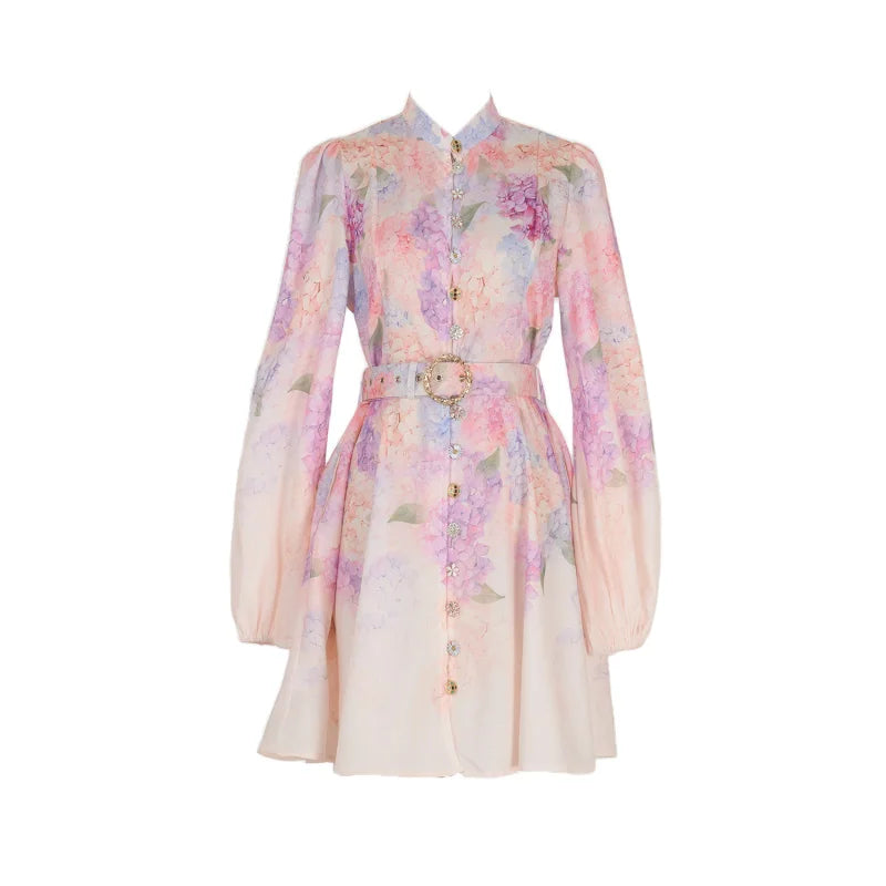 Shot In Stock European and American Vacation Style Long Sleeve Printed Short Dress Elegant Socialite Dress