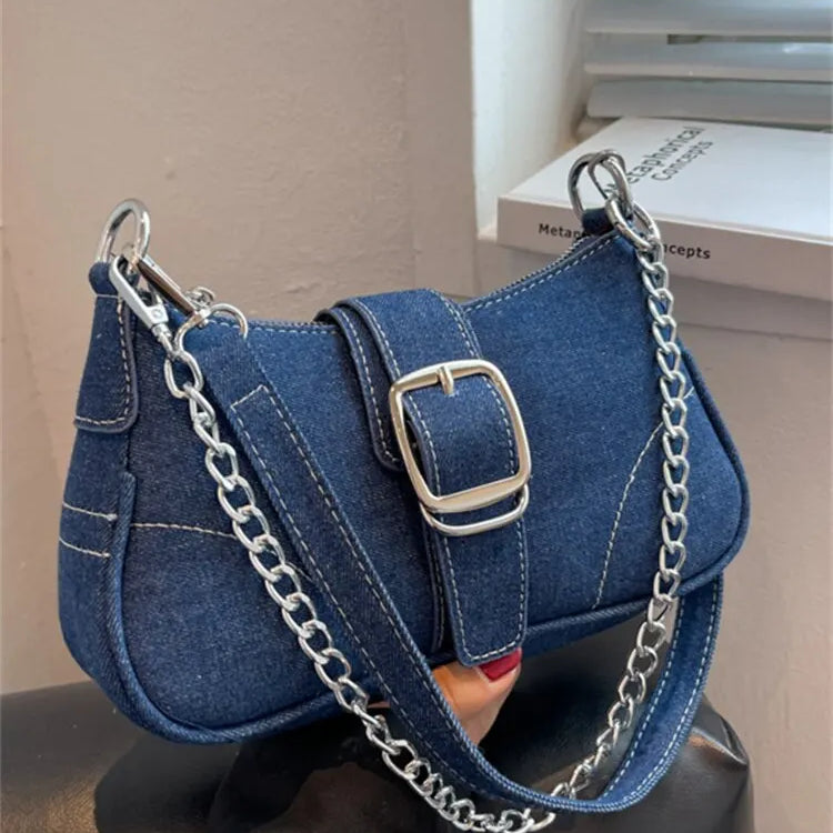 Fashionable Denim Personalized Design Exquisite Texture Shoulder Underarm Small Square Bag Blue