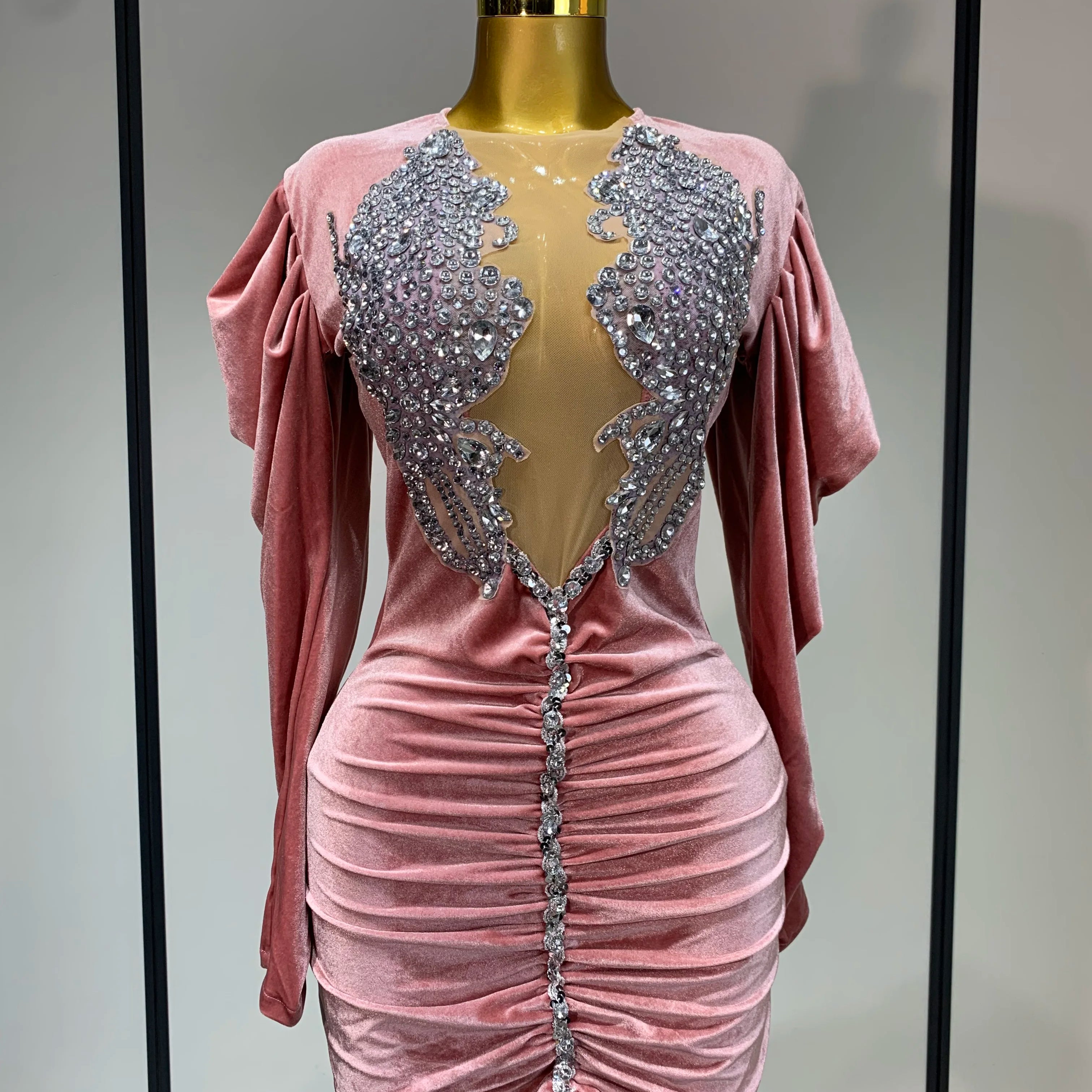 Luxury Birthday Dress Sparkly Crystals Sexy Mesh Velvet Short Dress 2025 Women Elegant Evening Party Nightclub Stage Costume