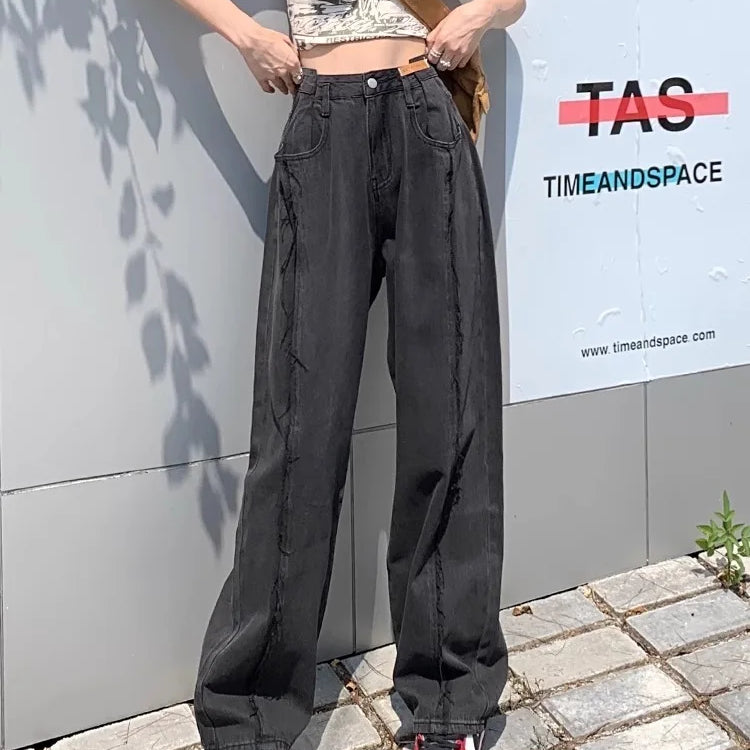 American Retro High Waist Straight Pockets Jeans Hip-hop Pants Spring Women's Grunge Streetwear Casual Y2K Denim Trouser