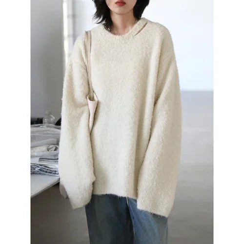 Women's Sweaters Casual Neckline Hollow Loose Jumpers Knitwear Soft Warm Female Pullovers Autumn Winter 2023 Fashion Off-white