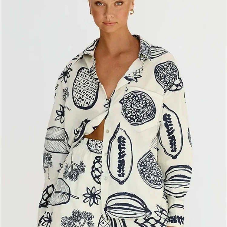 Foridol Fruit Printed Pockets Casual Shirt+shorts Set Outfits Matching Set  Summer Women Spring Beach Oversize White Set