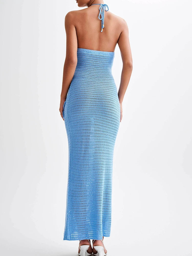 TWOTWINSTYLE Patchwork Appliques Knitted Dress For Women Halter Sleeveless High Waist Slimming Dresses Female Fashion Clothes