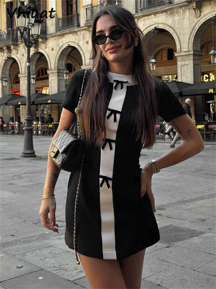 Vhiuat Bow Patchwork Fashion Short Sleeve O Neck Bodycon Mini Dress Women Streetwear Summer Elegant Sexy Dresses Club Party