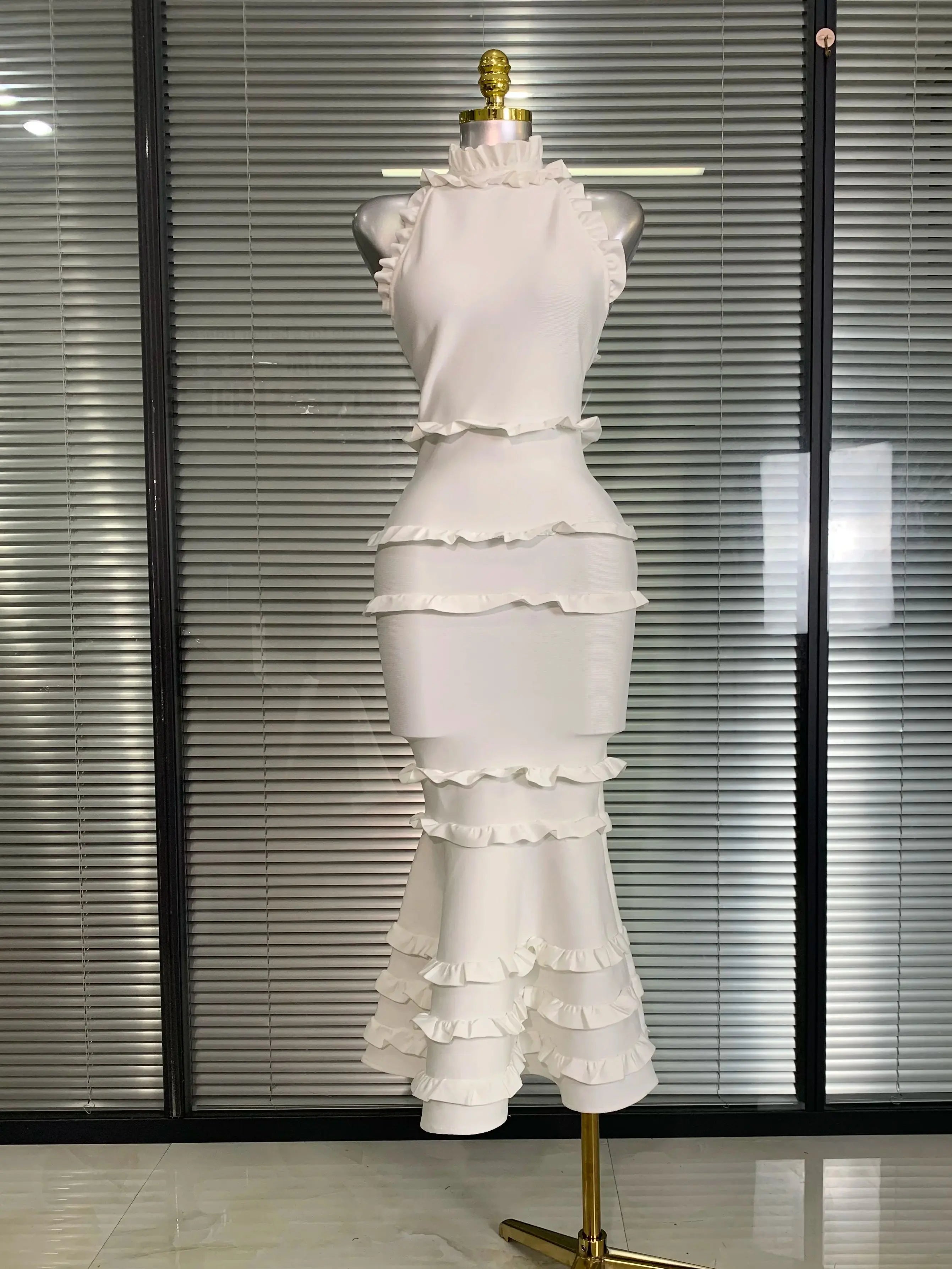 Summer New 2025 Sexy Women Tank White Bandage Dress Celebrity Knitted Elegant High Street Trumpet Bodycon Party Maxi Dress