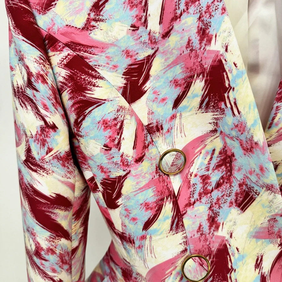 TWOTWINSTYLE Hit Color Spliced Printing Fashion Jackets for Women V Neck Long Sleeves Patchwork Button Elegant Jacket Female New