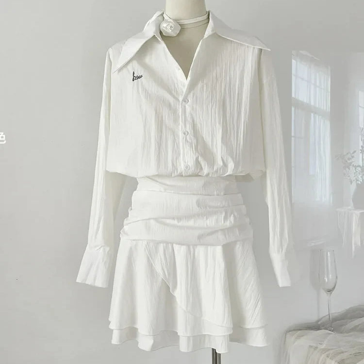 Elegant Fashion Polo Shirt Dress Mori Girl Fake Two Pieces Frocks White A-Line Dress Single Breasted Ins Streetwear High Quality