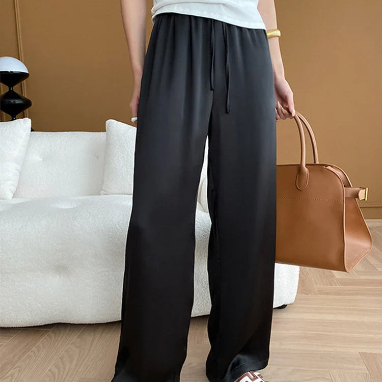 [LANMREM] Stain Drawstring Pants For Women Elastic High Waist Wide Leg Trousers Fashion Clothing Spring New 26D8234 Black