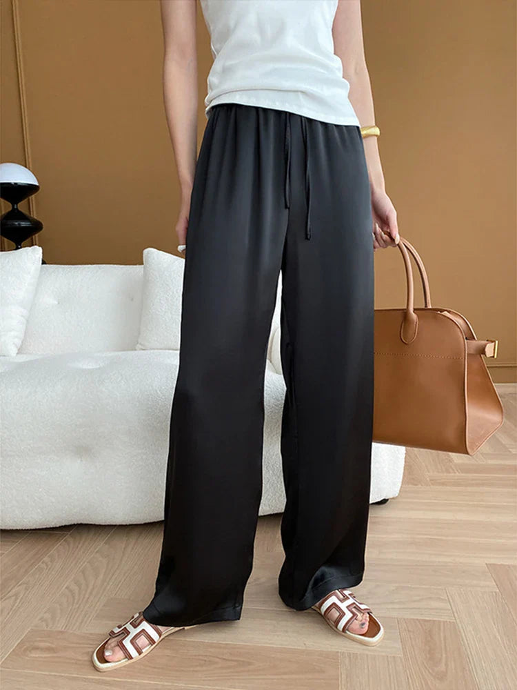 [LANMREM] Stain Drawstring Pants For Women Elastic High Waist Wide Leg Trousers Fashion Clothing Spring New 26D8234 Black