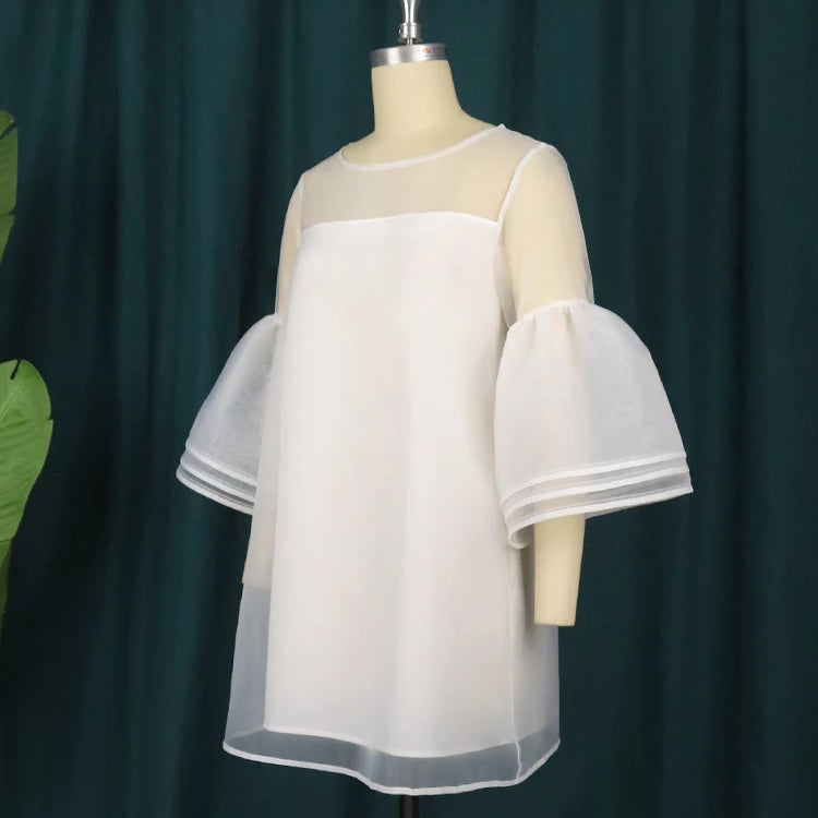 Plus Size 4XL Loose Dresses for Women White O Neck Mesh Tierred Robes Flare Sleeve Mini Gowns Party Event Occasion Outfits Fall