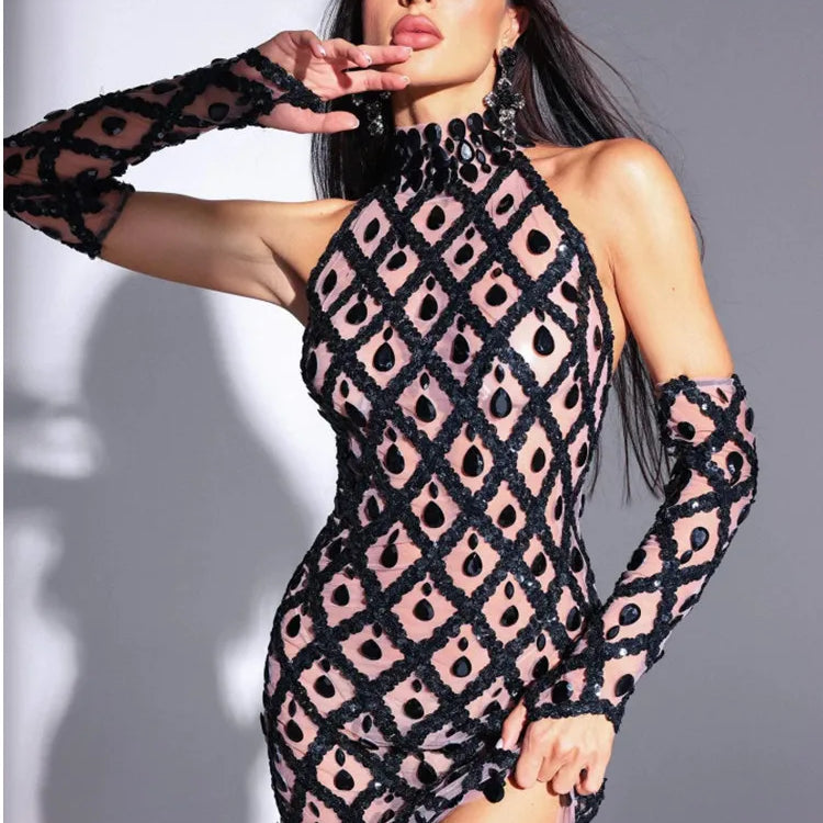 STOCK Hot Sale Women Sexy See Through Mesh Bodycon Mini Dress Gloves Shinning Crystal Nightclub Party Celebrate Christmas Dress