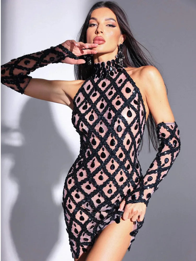 STOCK Hot Sale Women Sexy See Through Mesh Bodycon Mini Dress Gloves Shinning Crystal Nightclub Party Celebrate Christmas Dress