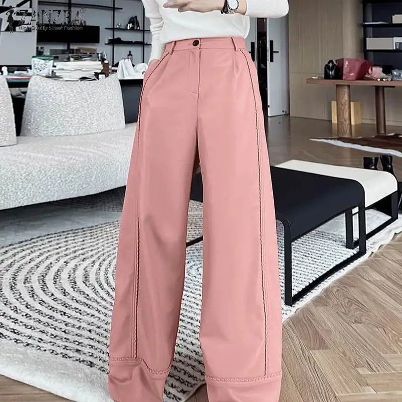 Stretchy Faux Leather Pants Sexy High Waist Pantalon Bell Bottom Flared Long Pant Women Elegant PU Wide Leg Trousers Pink