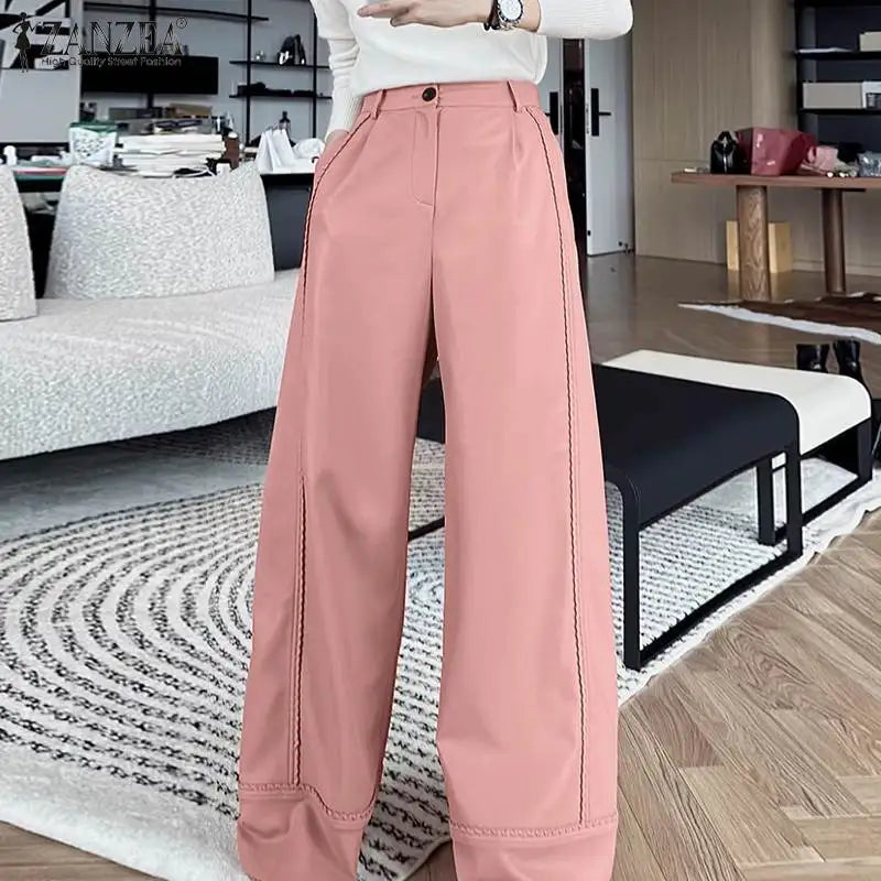 Stretchy Faux Leather Pants Sexy High Waist Pantalon Bell Bottom Flared Long Pant Women Elegant PU Wide Leg Trousers Pink