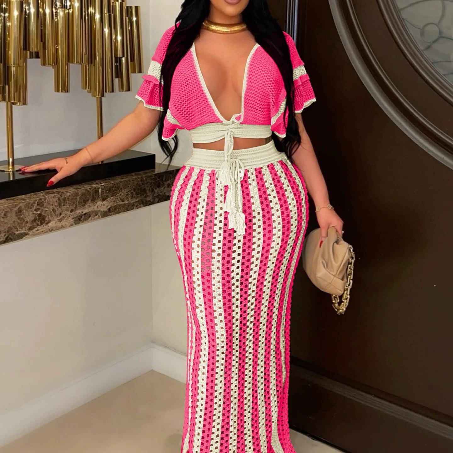 CM.YAYA Women's Set Short Sleeve V-neck Top + Long Skirts Suit Summer Knitted Hollow Out Streetwear Beach Sexy Two 2 Piece Sets