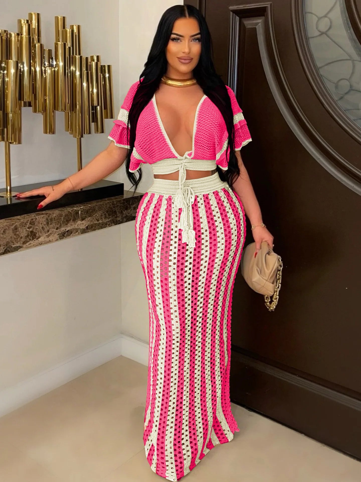 CM.YAYA Women's Set Short Sleeve V-neck Top + Long Skirts Suit Summer Knitted Hollow Out Streetwear Beach Sexy Two 2 Piece Sets