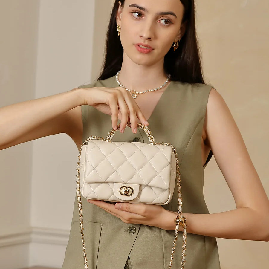 Paris-Inspired Quilted Top-Handle Handbag Women's Chain Strap Shoulder Purse Luxury Designer Crossbody Bag for Women 2025