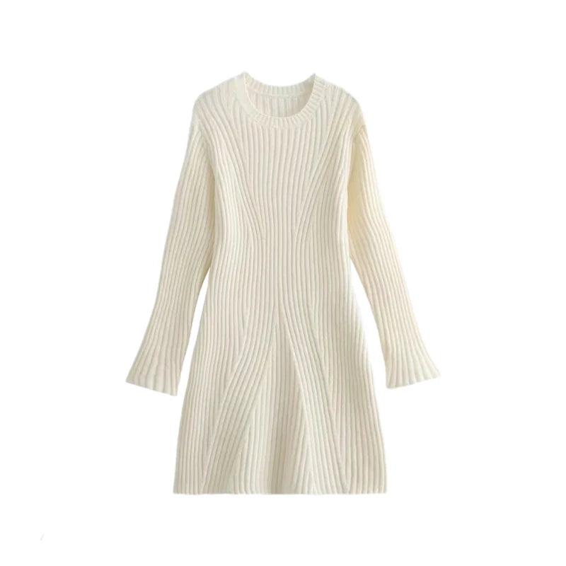 Women's Autumn Vintage White Knit Mini Dress Elegant Spring O Neck Long Sleeve Female Pretty Casual Party Dresses Clothing as picture