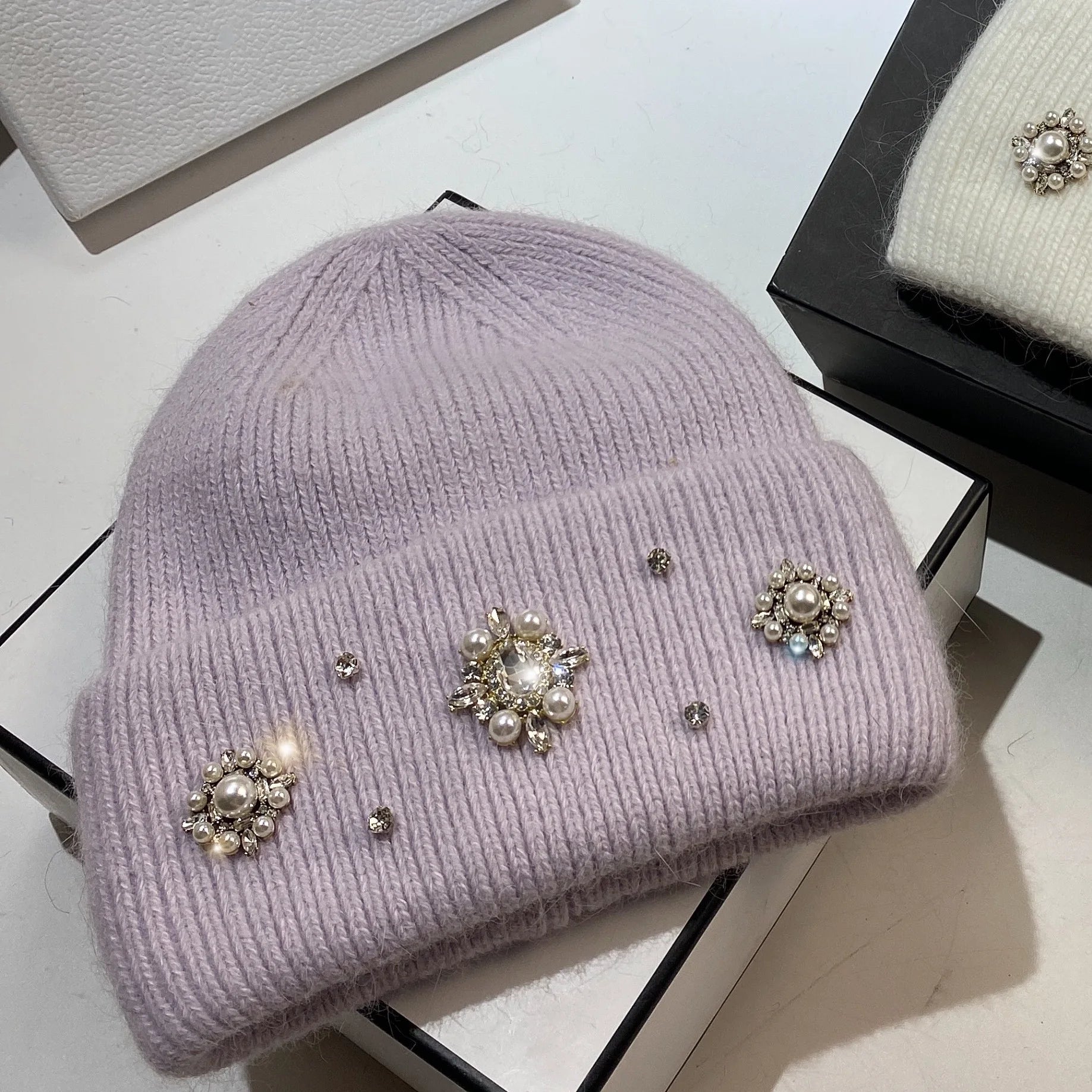 Real Rabbit Fur Winter Warm Knitted Hat Luxury Rhinestone Women's Wool Skullies Beanies Female Cold Hat Outdoor Skiing Cap Light Purple