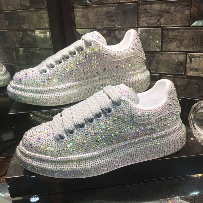 Outono feminino sapatos de plataforma strass grosso-sola branco prata sapatos brilhantes tênis de cristal tendência tênis casuais