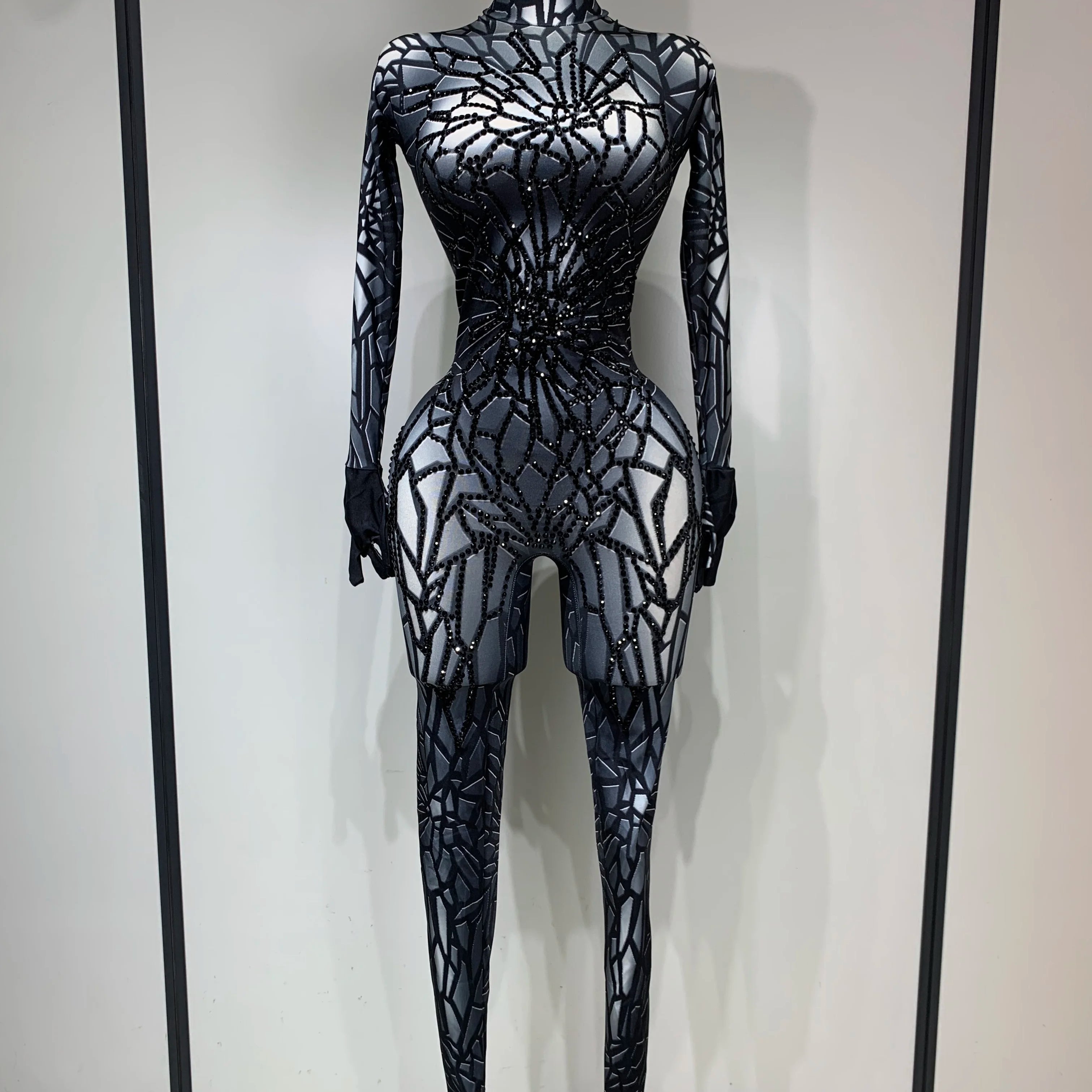 Women Sexy Black Rhinestone Stretch Bodycon Jumpsuit Club Evening Party Birthday Wear Singer Dancer Stage Perform Costume