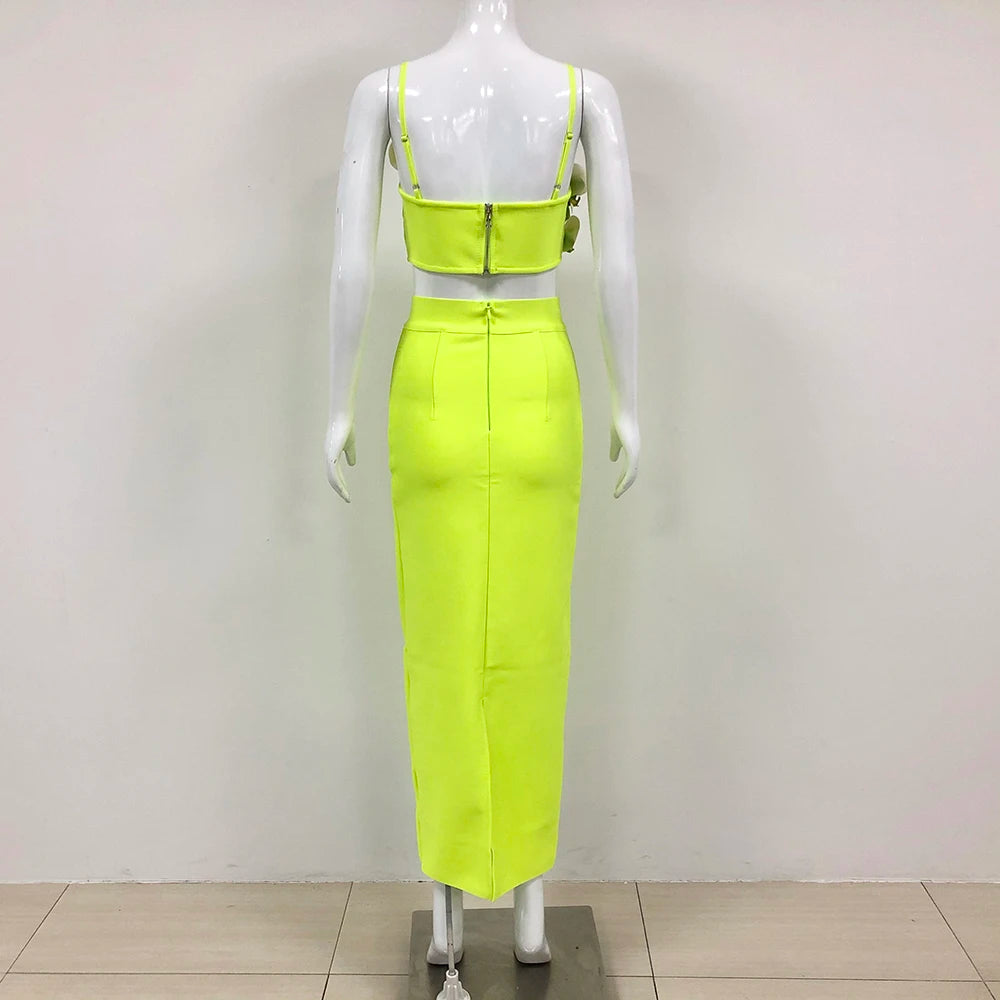 High Quality Green Color Women Sleeveless Sexy Strap Square Collar 2 Pieces Bodycon Long Bandage Dress Celebrate Birthday Dress
