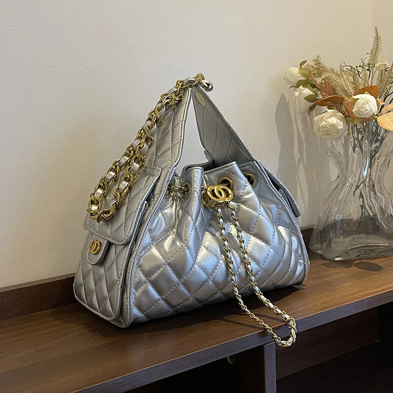 Fashion Quilted Bucket Bag for Women - Simple Chain Crossbody Shoulder Bag, Daily Use Leather Purse