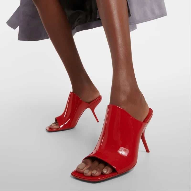 2025 Style Women's High Heels Shoes Patent leather Pointed Toe Solid Color Night Club Party Shoes Femme Summer Half Slippers