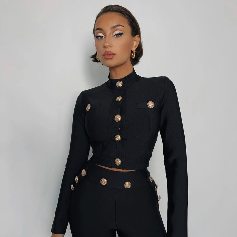 Conjunto de 2 peças de bandagem de rayon preto de manga comprida para festa à noite