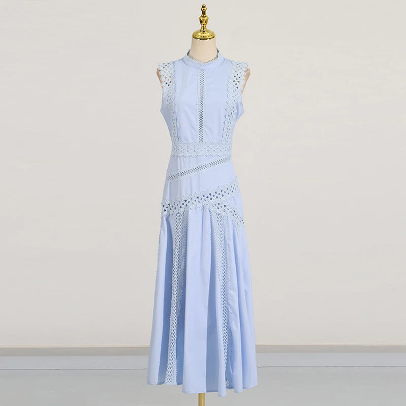 TWOTWINSTYLE Solid Slimming Spliced Hollow Out Dresses for Women Round Neck Sleeveless Patchwork Lace Dress Female Clothing New