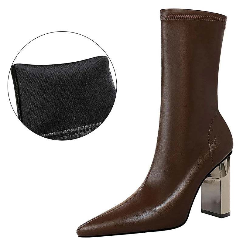 Shoes Metal Chunky Heel Leather Boots Women Mid-Calf Boots Fashion Autumn Winter Shoes High-heel Boots Female Shoes dark brown