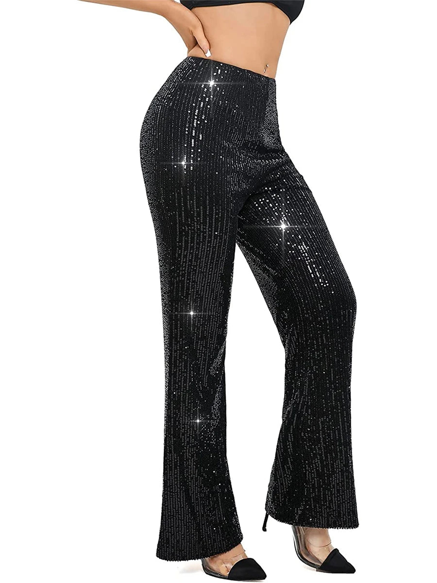 Women Glitter Sequin Wide Leg Pants High Waist Flared Bell-bottom Trousers Slim Fit Party Clubwear Shiny Sparkly Pants