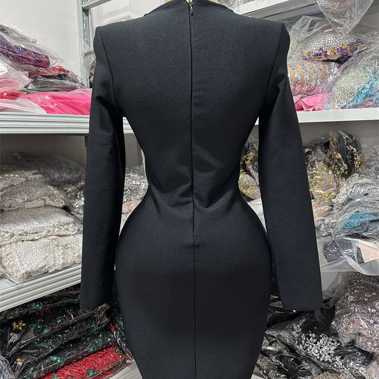 Black Color Women Long Sleeve Pearl Beading Bodycon Mini Bandage Dress Nightclub Party Celebrate Birthday Vacation Outfit