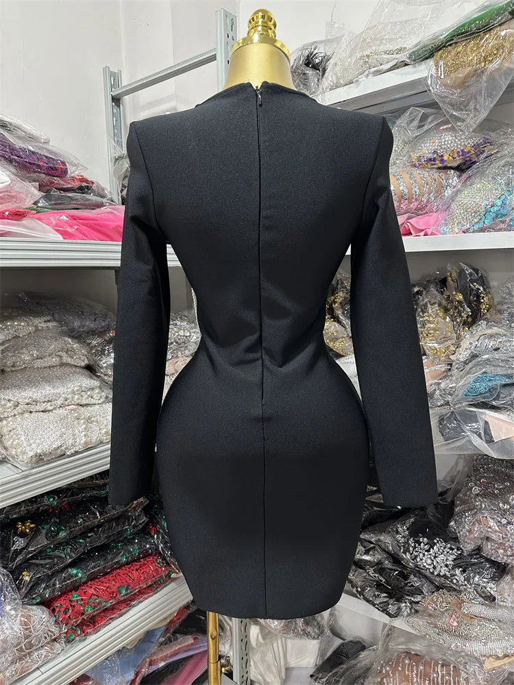 Black Color Women Long Sleeve Pearl Beading Bodycon Mini Bandage Dress Nightclub Party Celebrate Birthday Vacation Outfit