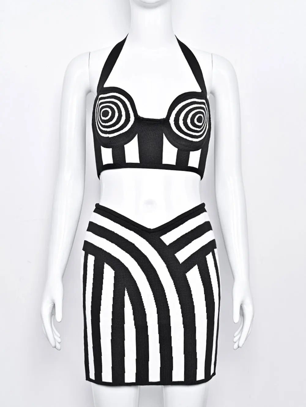 2024 Sexy Women'S Striped Short Skirt Set Hanging Neck Style Sleeveless Backless Ultra Short Vest Top+Mini Skirt Two-Piece Set