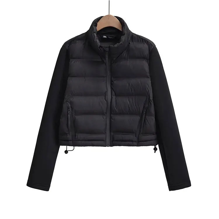 Nlzgmsj TRAF Women Fashion Side Pockets decoration Cropped Patchwork Coat Vintage Long Sleeve Zipper Outerwear Chic Tops