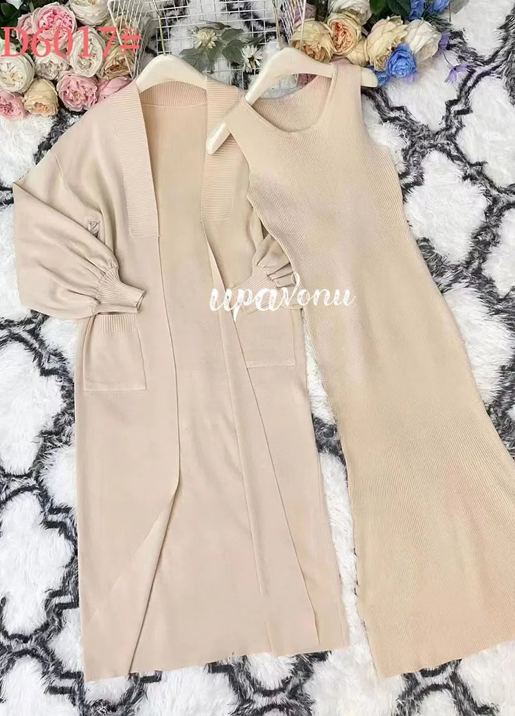 Casual Solid Knitted Sweater Long Dress Set Women Long Sleeve Loose Long Cardigan Coat&Sleeveless Mid length Dress Two Piece Set