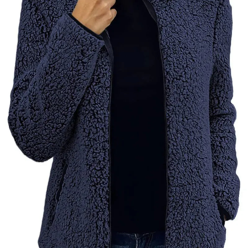 Women Solid Fleece Jackets Casual Fashion Stand Collar Coat Female Long Sleeve Zipper Outerwear Lady Clothes Autumn Winter Navy Blue
