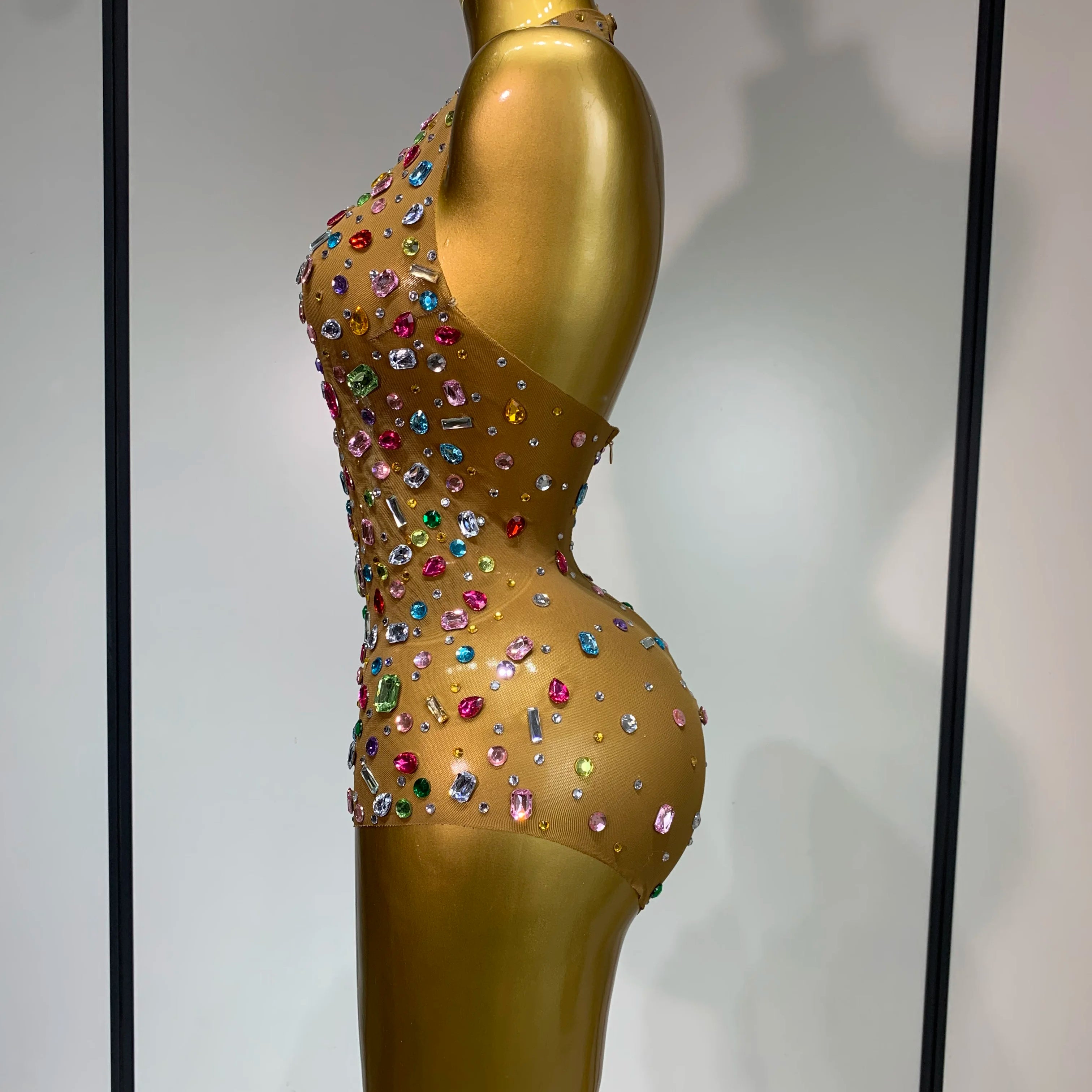 Sparkly Rhinestones Mesh See Through Bodysuit Women Sexy Backless Performance Dance Costume Celebrity Nightclub Stage Outfit