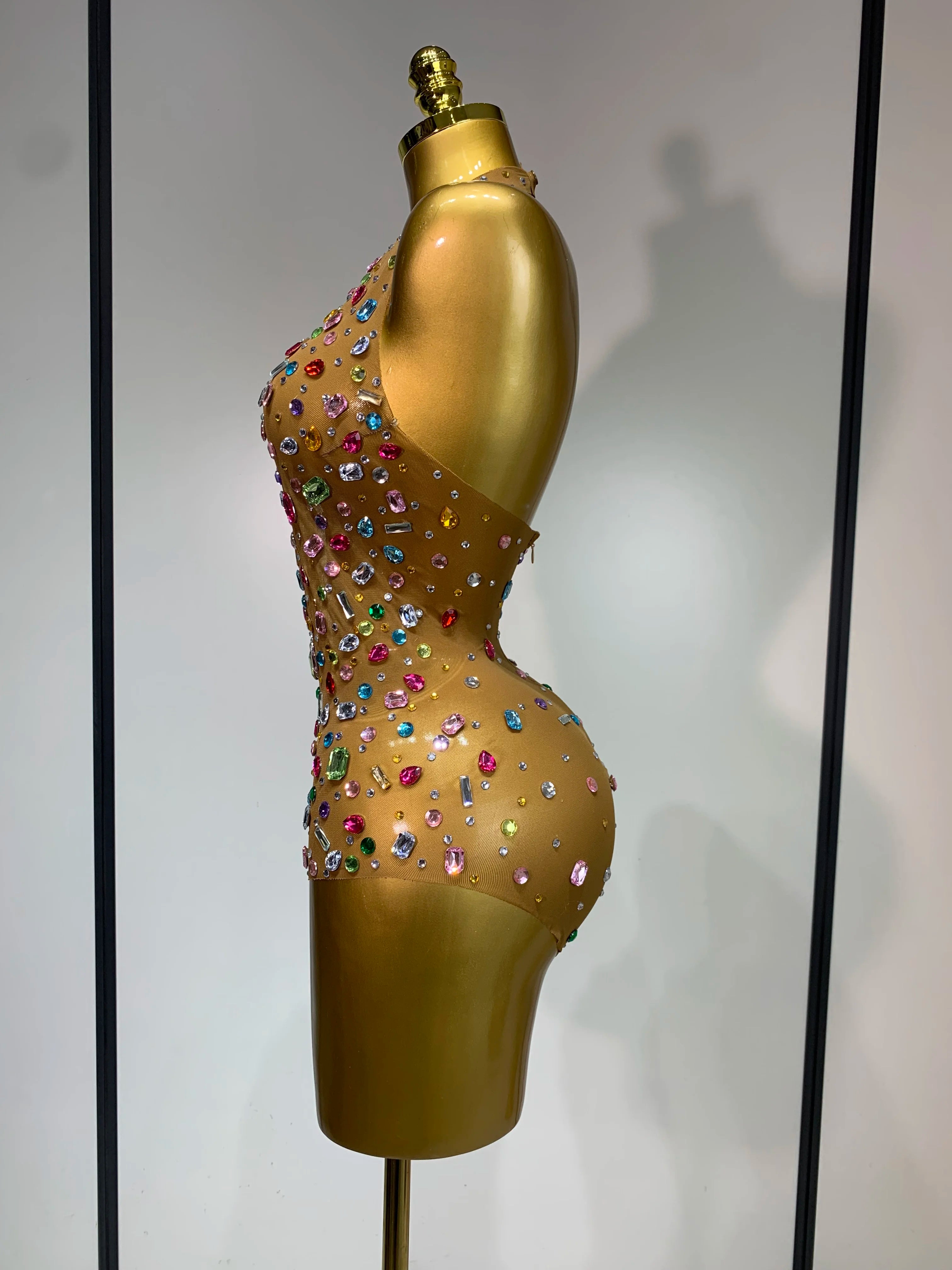 Sparkly Rhinestones Mesh See Through Bodysuit Women Sexy Backless Performance Dance Costume Celebrity Nightclub Stage Outfit