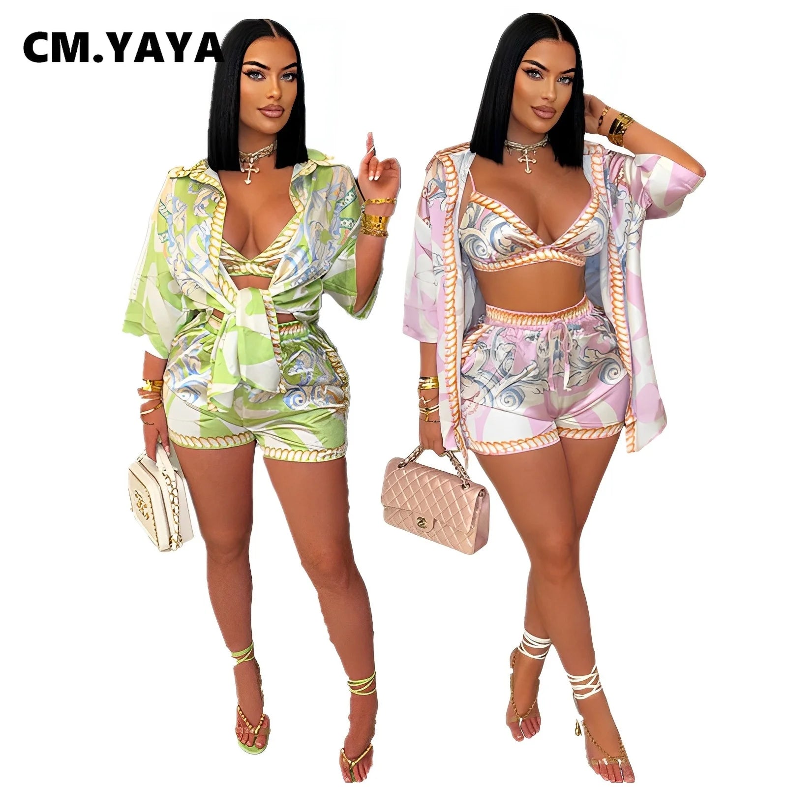 CM.YAYA Paisley Printed Women's Set Three Quarter Sleeve Blouse + Bra Top and Shorts 2025 Beach 3- Piece Sets Outfit Tracksuits