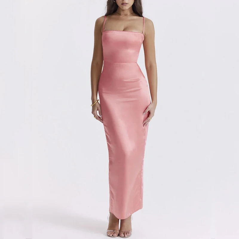 Women Maxi Dress Summer Satin Pink Solid Square Neck Suspender Slim Formal Occasion Evening Party Dresses Free Shipping