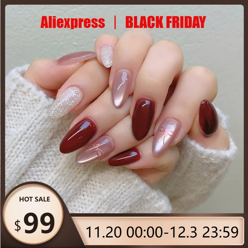 24pcs Cat's Eye Red Bow Press on Nails Almond French Fake Nails Full Cover Wearable False Nails