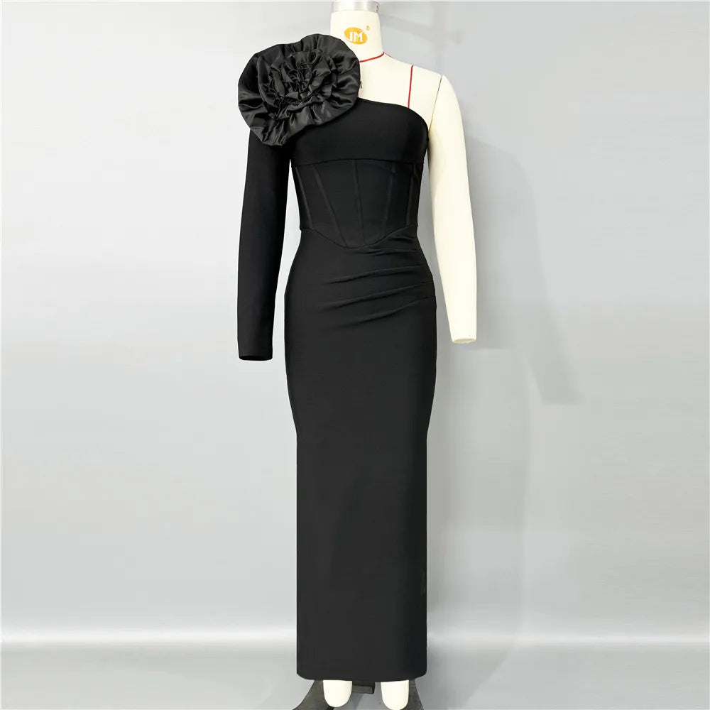 Vestido longo bandagem preto vermelho feminino, sexy, um ombro, grande, floral, justo, moda para festa, boate, coquetel