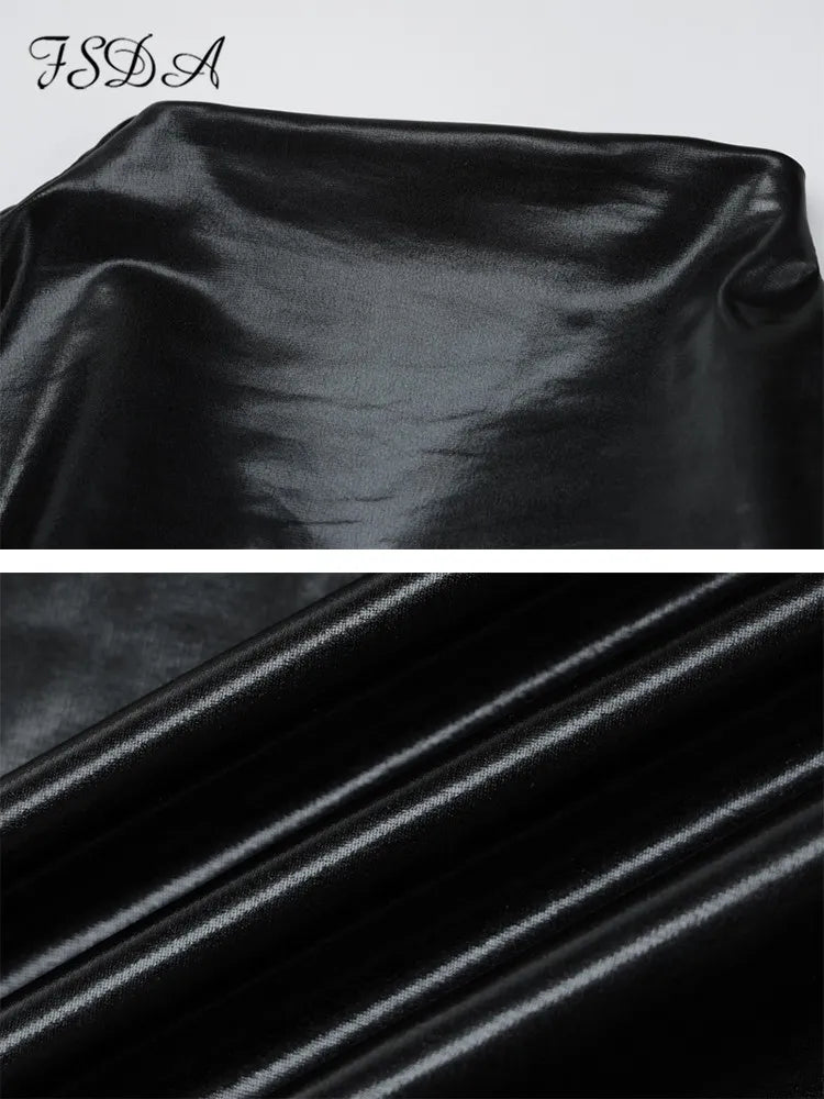 Black Midi Bodycon Dress Sexy Women Turtleneck Long Sleeve Pu Leather Party Dresses Club Elegant 2024 Autumn Winter