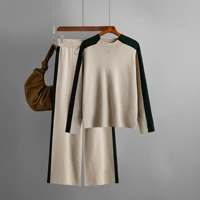 GIGOGOU CHIC Wide Leg Pants Tracksuits Autumn Winter Knit Pullover Sweaters Sets 2 Pieces Sets Full Length Trousers Suits Cloth Khaqi Q234 One Size