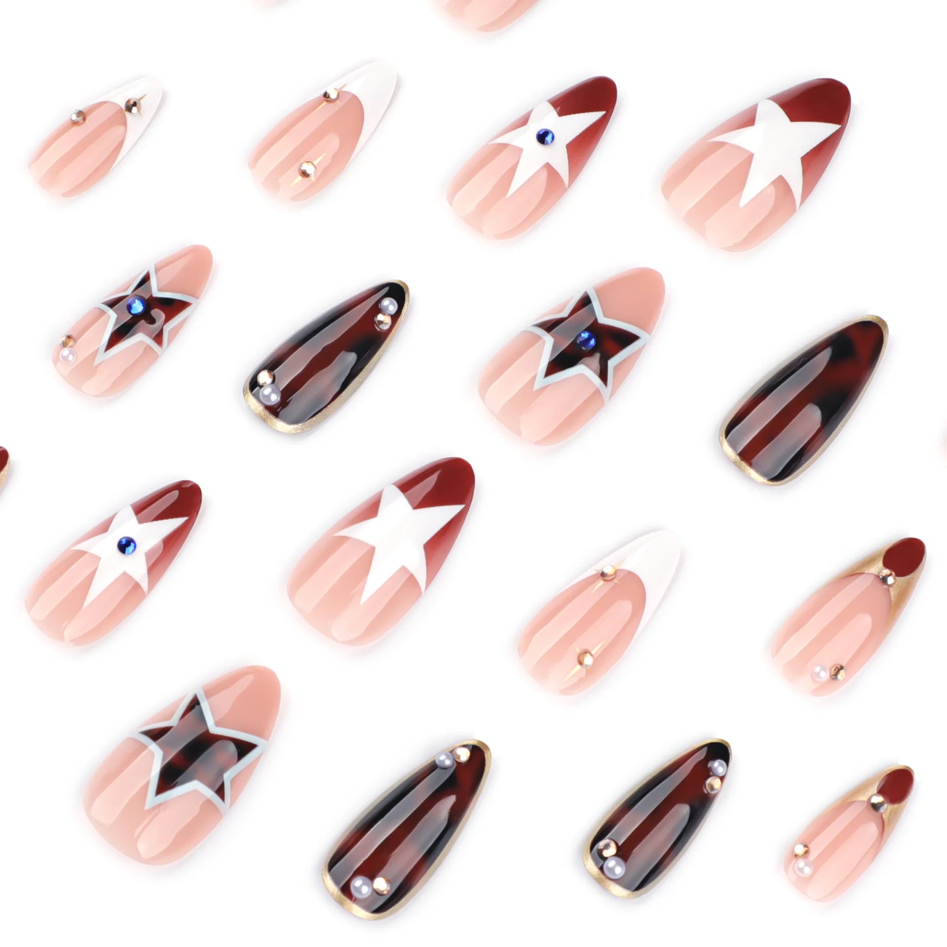 Autumn Brown French Press On Nails, 24Pcs Y2K Girls Wearable Fake Nails Star Printed, Spicy Girls Charm Manicure Diamond Decor