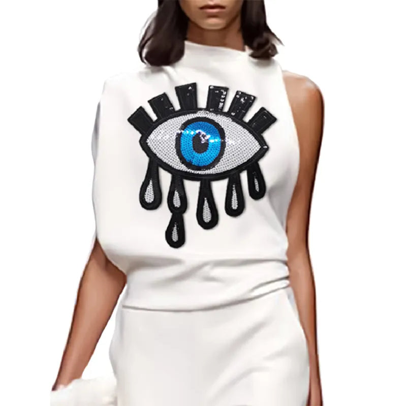 Freeacy Female T-shirt Summer New Stylish Eyes Printed Sleeveless Asymmetrical Tops Women s Daily Casual Streetwaer Shirt