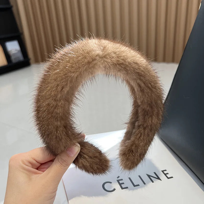 Hot Sale Women Luxury winter 100% Real Mink Fur Headbands High Quality Real Fur Hair Band Lady Fashion Hair Hoop Furry Gift Light brown