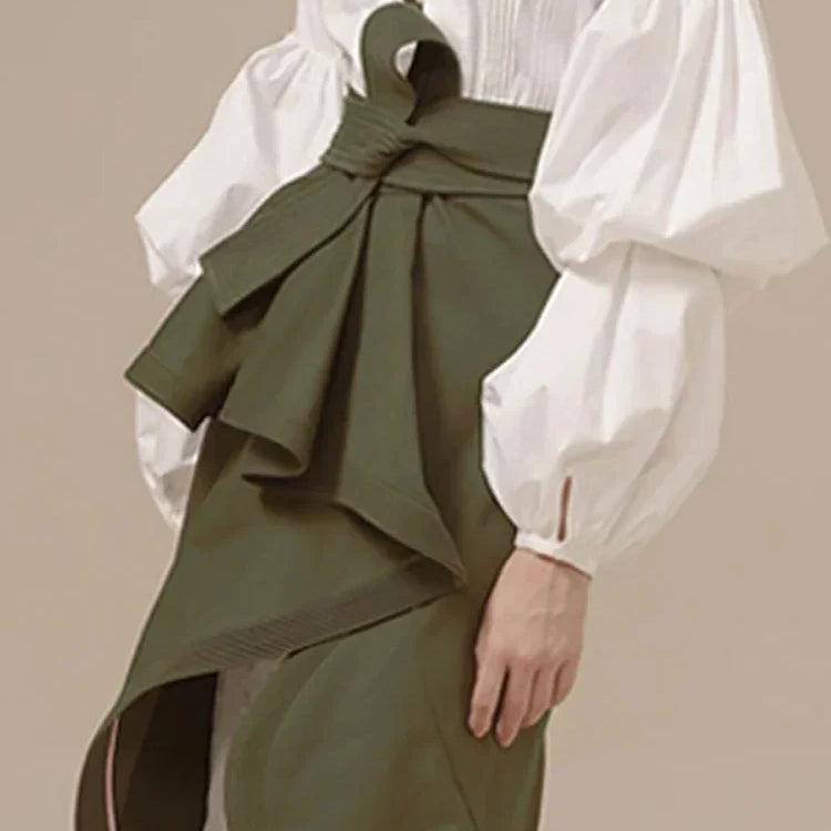 XITAO White Irregular Pleated Dress Women Clothes Spring New Stand Collar Puff Sleeve Personality Dress ZY3560